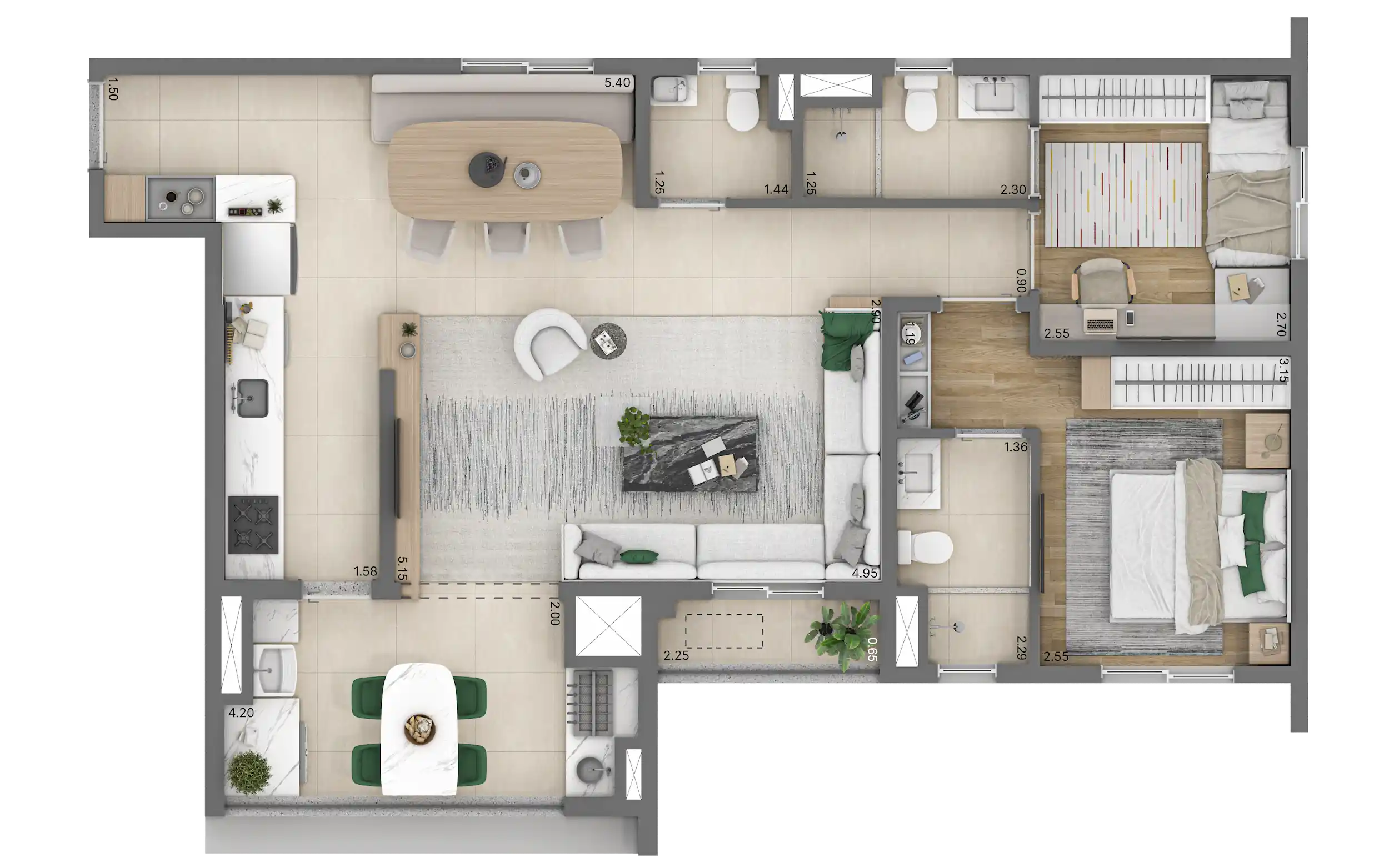 Planta Opção - 2 suítes e living ampliado - 77m²