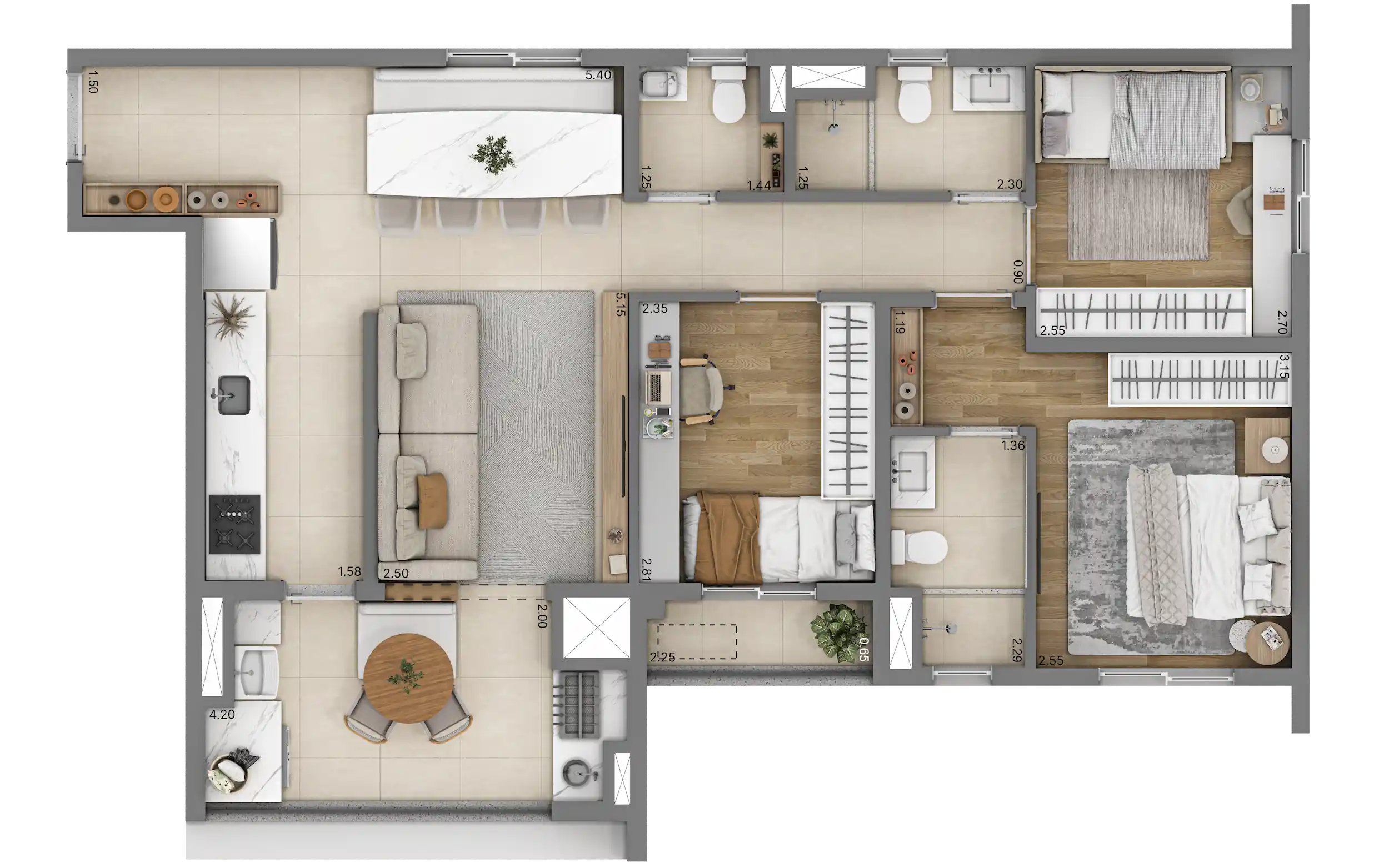 Planta padrão - 77M² - 3 Dormitórios